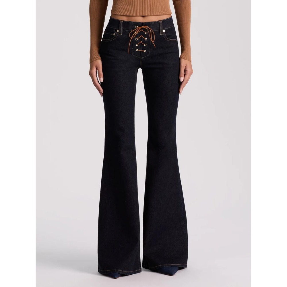 NWT Alice + Olivia Delilah Lace Up Low-Rise Flare Jeans Dark Wash Y2K Boho Sz 25